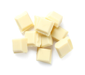 Pieces of delicious chocolate isolated on white, top view