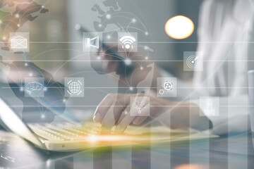 Double exposure of woman working on laptop and scheme, closeup. Digital marketing concept