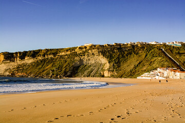 Panoramic landscape coastline of Atlantic ocean. View Nazare beach riviera