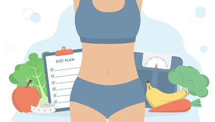 Woman body with diet plan on clipboard, weight scale, measuring tape, fruits and vegetables on background. Healthy lifestyle, weight loss and nutrition consultation concept. Flat vector illustration.