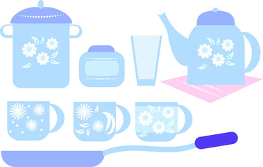 Kitchenware with floral decoration. A set of icons. Healthy eating.