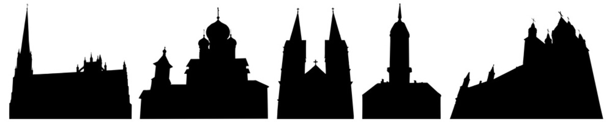 Obraz premium Silhouettes of churches and cathedrals in Belarus, set. Vector illustration.
