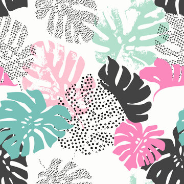 Fototapeta Abstract monstera leaf in scandinavian colors, vector seamless pattern.