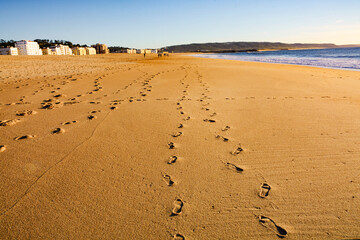Sand beach. Calm seacoast. Human track on the yellow sand. Natural landscape.