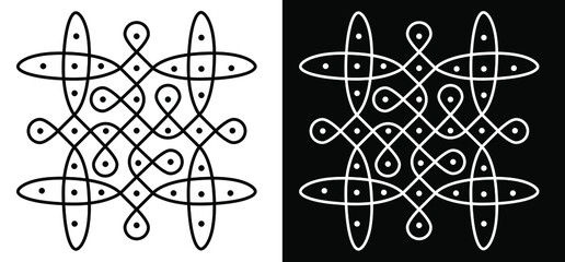 Indian Traditional and Cultural Rangoli or kolam design concept of curved lines and dots isolated on black and white background