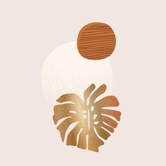 Abstract minimal background: tropical leaf silhouette, geometric shapes, grunge texture, copy space for text.