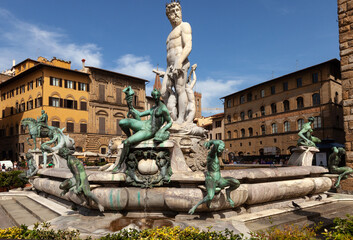 Fototapeta na wymiar Fountain of Neptune by Bartolomeo Ammannati, in the Piazza della Signoria, Florence, Italy