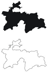 Tajikistan Country Map. Black silhouette and outline isolated on white background. EPS Vector