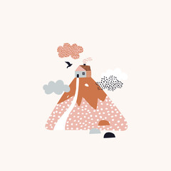 Cute geometric and doodle landscape background. Cartoon sweet home concept