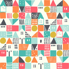 Obraz premium Geometric houses and hand drawn textured shapes seamless pattern. Abstract home background in childish style.