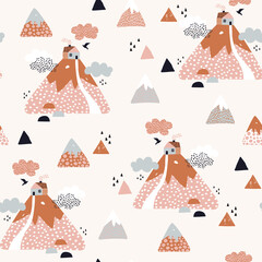 Cute geometric and doodle landscape background. Cartoon sweet home concept