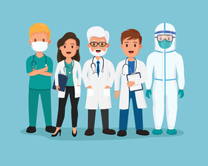 Vector of doctor and medical team with ppe suit.