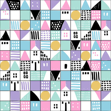 Geometric houses and hand drawn textured shapes seamless pattern. Abstract home background in childish style. © Tanya Syrytsyna