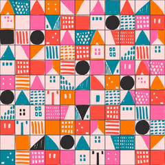 Fototapeta premium Geometric houses and hand drawn textured shapes seamless pattern. Abstract home background in childish style.