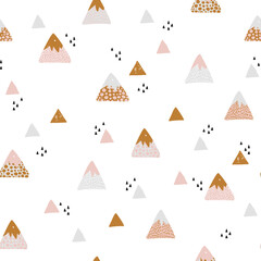 Abstract mountains seamless pattern. Cute geometric and doodle mountain background.