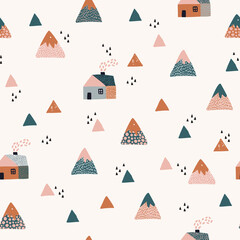 Abstract houses in the mountains seamless pattern. Cute geometric and doodle woodland background.