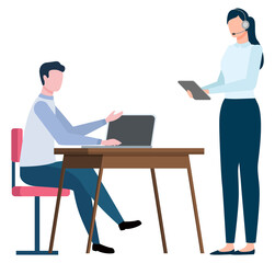 Woman and man at office vector, isolated characters at work busy with tasks. Programming male boss with female secretary looking at tablet and wearing headphones. Assistant with modern devices
