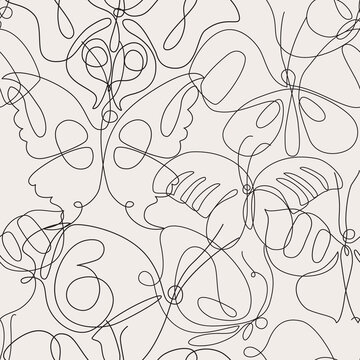 Butterfly line art seamless pattern. Flying butterflies on simple background