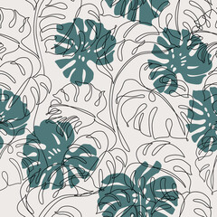 Minimal tropical art. Tropical monstera leaves silhouette and line art on pastel beige background © Tanya Syrytsyna