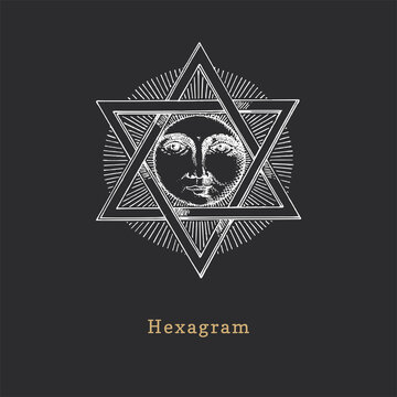 Pentagram and Sun, vector illustration in engraving style. Vintage pastiche of esoteric and occult sign. Drawn sketch.