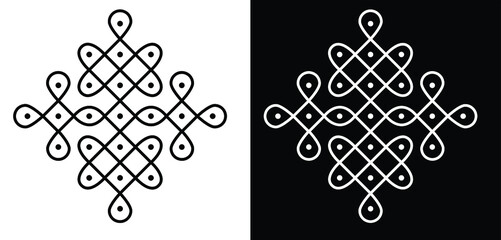 Indian Traditional and Cultural Rangoli or kolam design concept of curved lines and dots isolated on black and white background
