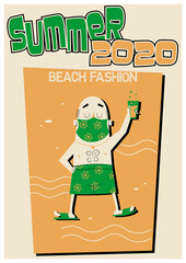 Summer 2020 Vacation Quarantine Beach Fashion Comic Illustration,  Man, Face Mask, Alcoholic Drink 