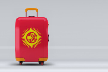 Kyrgyzstan national flag on a stylish suitcases on color background. Space for text. International travel and tourism concept. 3D rendering.