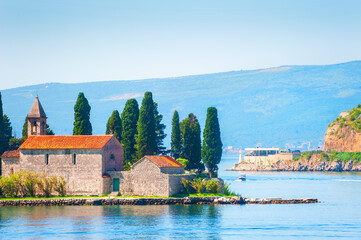St. George island near Perast town in Kotor bay, Montenegro. Beautiful summer landscape. Famous...