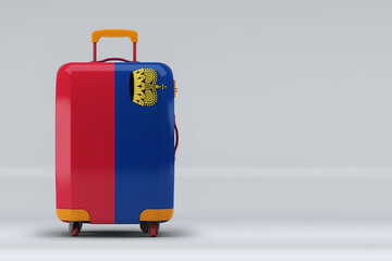 Liechtenstein national flag on a stylish suitcases on color background. Space for text. International travel and tourism concept. 3D rendering.