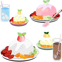 Ice cream, strawberry and mango ice cream, whipped cream and coffee and blueberry juice Vector illustration Summer dessert
