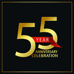 55 year minimalist logo years, jubilee, greeting card. Red and Gold Ribbons for Birthday invitation. Sign Ribbon Gold space vector illustration on black background - Vector