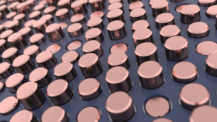 3d abstraction scene from metal elements on a circuit board. pink gold.