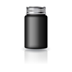 Black medicine round bottle with silver screw lid for beauty or healthy product.