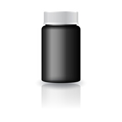 Black medicine round bottle with white grooved lid for beauty or healthy product.