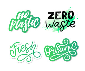 No plastic. Hand drawn vector lettering. Motivation phrase. Isolated on yellow background. slogan