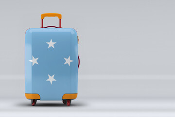 Micronesia national flag on a stylish suitcases on color background. Space for text. International travel and tourism concept. 3D rendering.