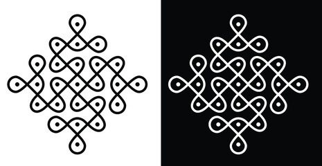 Indian Traditional and Cultural Rangoli or kolam design concept of curved lines and dots isolated on black and white background