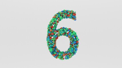 3D Render of Number 6 from multi-colored particles of spheres. for presentations, reports, statistics and more