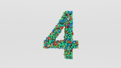 3D Render of Number 4 from multi-colored particles of spheres. for presentations, reports, statistics and more