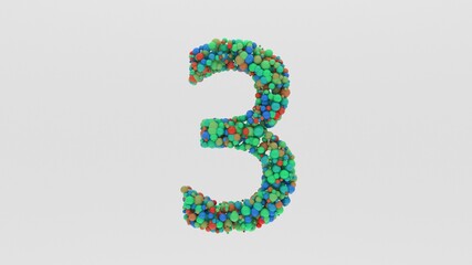 3D Render of Number 3 from multi-colored particles of spheres. for presentations, reports, statistics and more