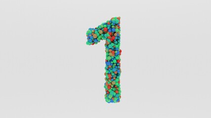 3D Render of Number 1 from multi-colored particles of spheres. for presentations, reports, statistics and more