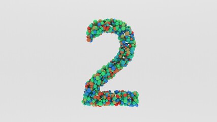 3D Render of Number 2 from multi-colored particles of spheres. for presentations, reports, statistics and more