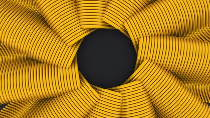 3d render of abstract golden pattern. Gray background. Ring. Stripes.
