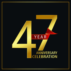 47 year minimalist logo years, jubilee, greeting card. Red and Gold Ribbons for Birthday invitation. Sign Ribbon Gold space vector illustration on black background - Vector