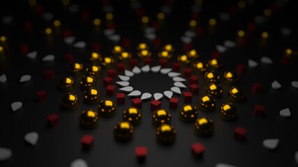 3d render of abstract colorful pattern shapes. Gold. Red. White