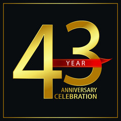 Fototapeta premium 43 year minimalist logo years, jubilee, greeting card. Red and Gold Ribbons for Birthday invitation. Sign Ribbon Gold space vector illustration on black background - Vector