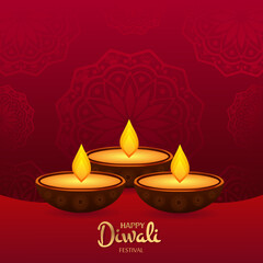 Happy Diwali greeting card red and gold color concept. India festival of lights holiday invitations template, banner, card, postcard. Vector illustration.