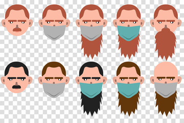 Men Male Human Face with medical mask Head Hair Hairstyle Mustache Bald People Fashion. Design flat avatar. Vector illustration.