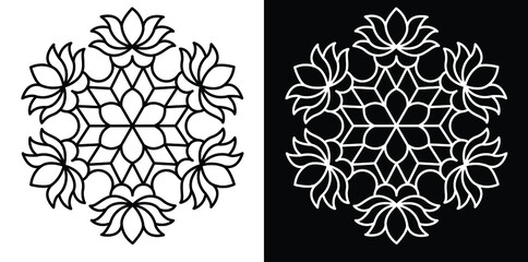 Lotus line art rangoli isolated on black and white background