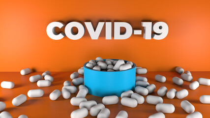 3d abstraction scene of pills and coronavirus. orange background. vaccine.